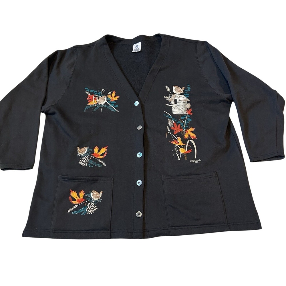 Vtg Made in USA Cardigan Sz 18w Black Fall Leaves Birds Nature Appliqué Button